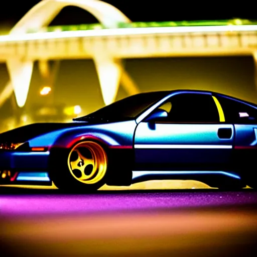 Image similar to a car 300ZX turbo drift at illegal car meet, Chiba prefecture, city midnight mist lights, cinematic color, photorealistic, highly detailed wheels
