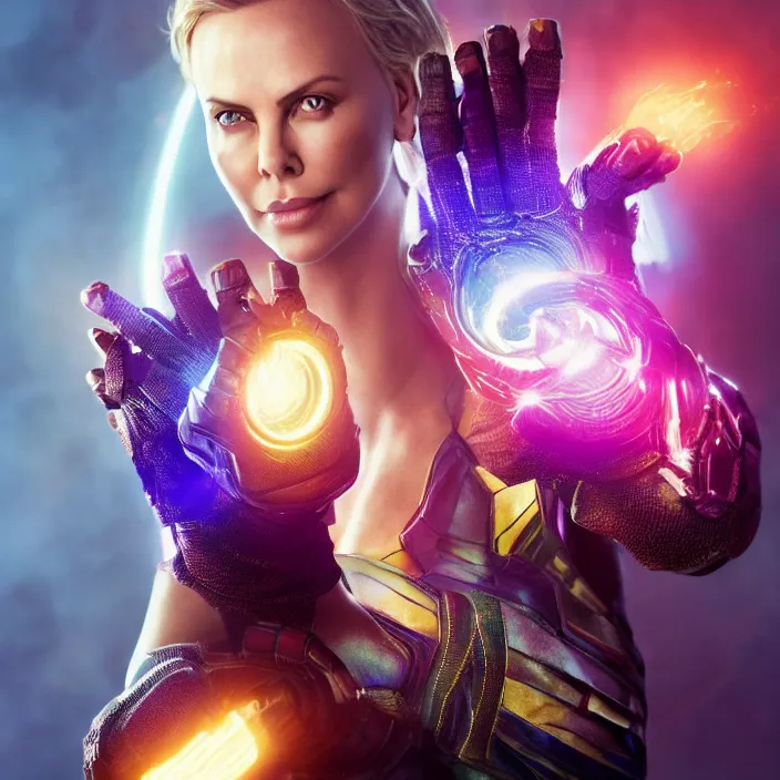 Image similar to portrait of (Charlize Theron), wearing The Infinity Gauntlet. (((infinity stones))) intricate artwork. octane render, trending on artstation, very coherent symmetrical artwork. avengers. thanos. cinematic, hyper realism, high detail, octane render, 8k, iridescent accents