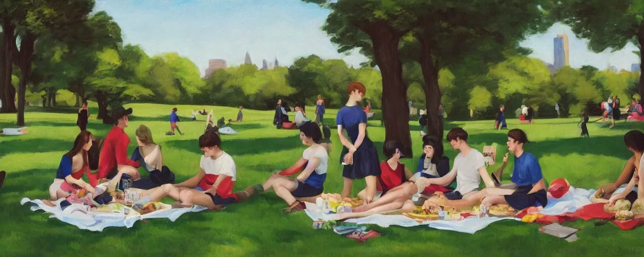 Image similar to a young generation z group of friends having a picnic in a central park manhattan new york on friday mid - summer of 2 0 2 2, in the style of an edward hopper painting