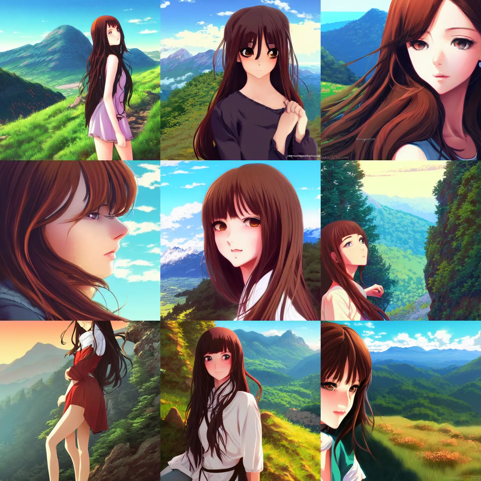 Prompt: beautiful woman with long brown hair and luscious lips, scenic view, mountain landscape, artstyle : high quality anime and ilya kuvshinov