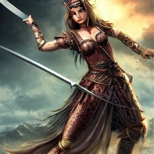 Image similar to beautiful female warrior with longsword in epic fantasy battle