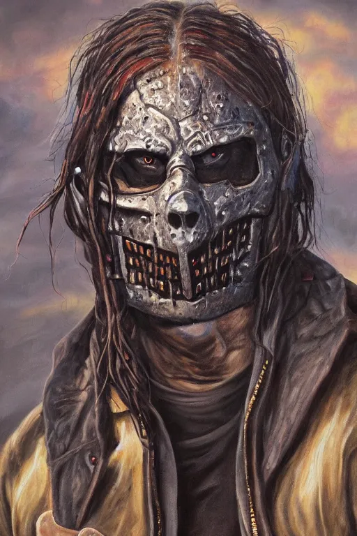 Image similar to a full body high detail fantasy portrait oil painting illustration of slipknot band by justin sweet with face and body clearly visible, in a scenic background, insane, realistic proportions, d & d, rpg, forgotten realms, artstation trending, high quality, sombre mood, artstation trending, muted colours, entire person visible!