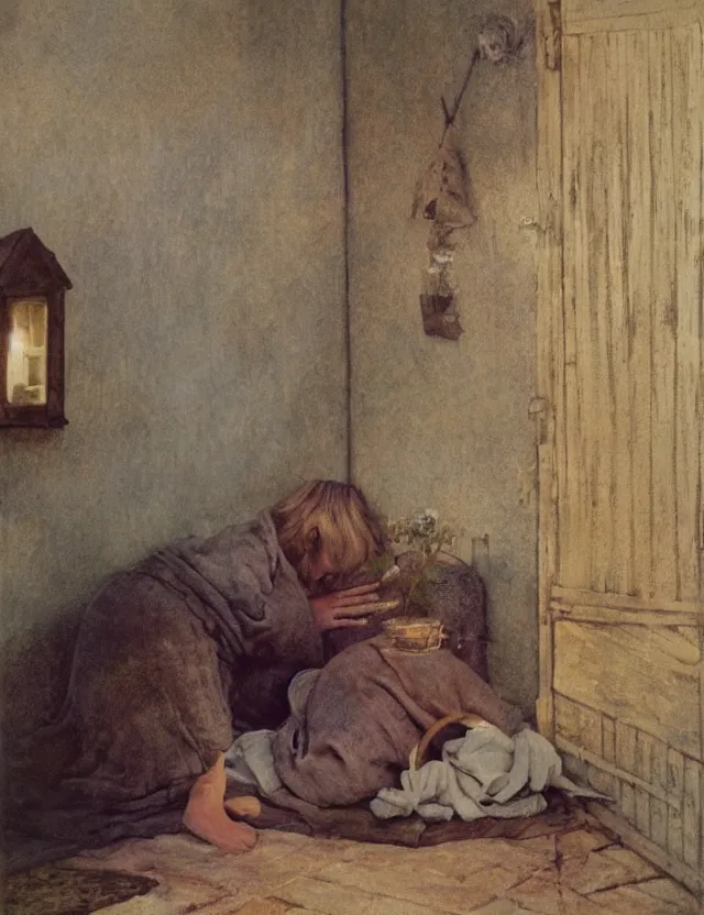 Image similar to peasant boy praying in country house, cottage core, cinematic focus, polaroid photo bleached vintage pastel colors high - key lighting, soft lights, foggy, by steve hanks, by lisa yuskavage, by serov valentin, by tarkovsky, detailed, oil on canvas