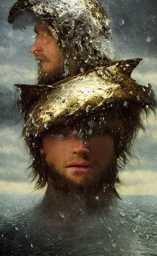 Image similar to knight, norway fjord, extreme close up portrait, hudson river school, max rive, armor made of water, studio lighting, stormy seas, beautiful, bokeh, snowy, storm clouds, god rays, extreme close up portrait, d & d, fantasy, elegant, low key color palette, concept art, roger deakins and greg rutkowski and alphonse mucha