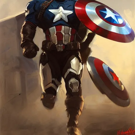 Prompt: greg manchess portrait painting of heavily armored captain america as overwatch character, totally whack, medium shot, asymmetrical, profile picture, organic painting, sunny day, matte painting, bold shapes, hard edges, street art, trending on artstation, by huang guangjian and gil elvgren and sachin teng