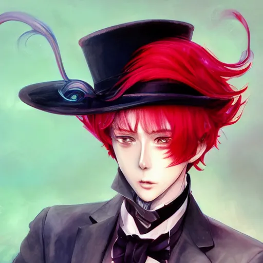 Prompt: semi realistic anime illustration of top hat wearing red haired effeminate man, with beautiful hyperdetailed eyes, facing camera directly, full face portrait made by Stanley Artgerm, WLOP, Rossdraws, James Jean Andrei Riabovitchev, Marc Simonetti, Yoshitaka Amano, Artstation