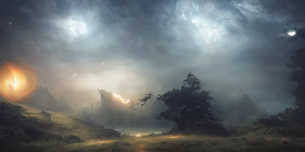 Image similar to whirlwind of tarot cards, volumetric lighting, landscape, by greg rutkowski