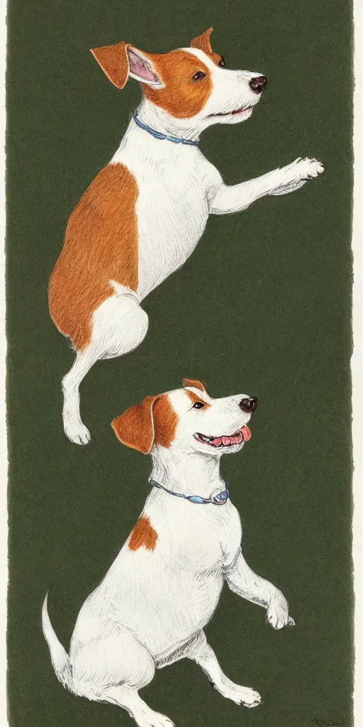 Image similar to jack russel dog, highly detailed, side view, howling!!!, illustrated by peggy fortnum and beatrix potter and sir john tenniel