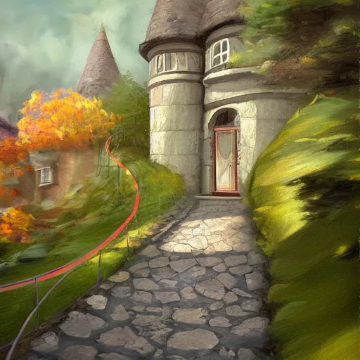 Image similar to house fairytale, path in curve shape leading to the house, oil painting, hd, 8 k, trending artstation,