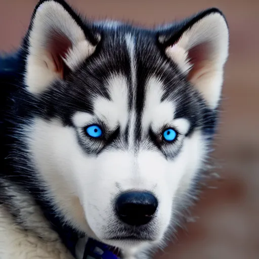Image similar to A husky puppy with two different colored eyes, snowy environment, detailed close-up, 4k photo
