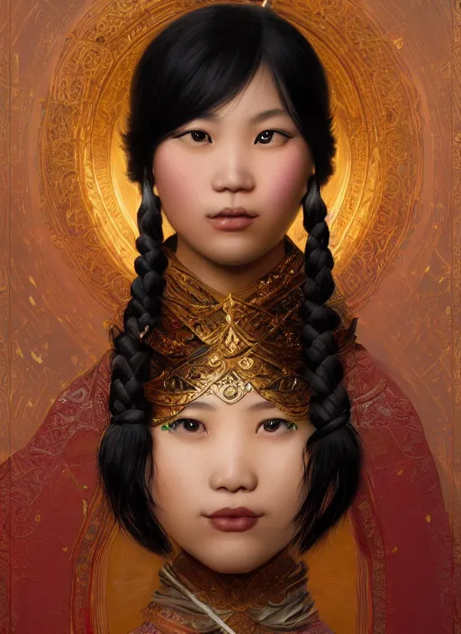 Prompt: beautiful portrait of a Asia minority female wearing fantastic costume,pigtail,intricate, elegant, highly detailed, dim volumetric lighting, 8k,octane,post-processing,digital painting, trending on artstation, concept art, smooth, sharp focus, illustration,by Tom Bagshaw and Daniel Gerhartz and Albert Aublet and Lawrence Alma-Tadema and alphonse mucha