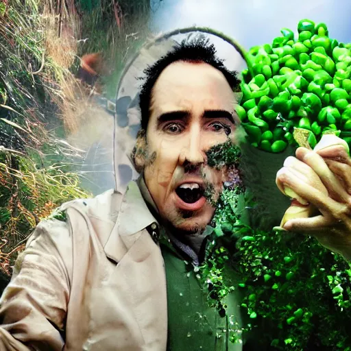 Image similar to nicolas cage with a wicker basket over head screaming with a mouth full of peas