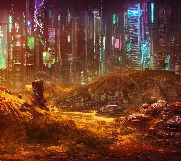 Image similar to a detailed anthill seen from the inside as a big city, cyberpunk, fallout 5, studio lighting, deep colors, apocalyptic setting, city at night, sky view