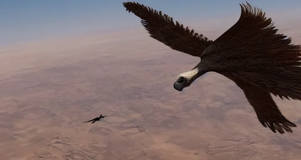 Image similar to artwork of a vulture flying over a desert, artstation