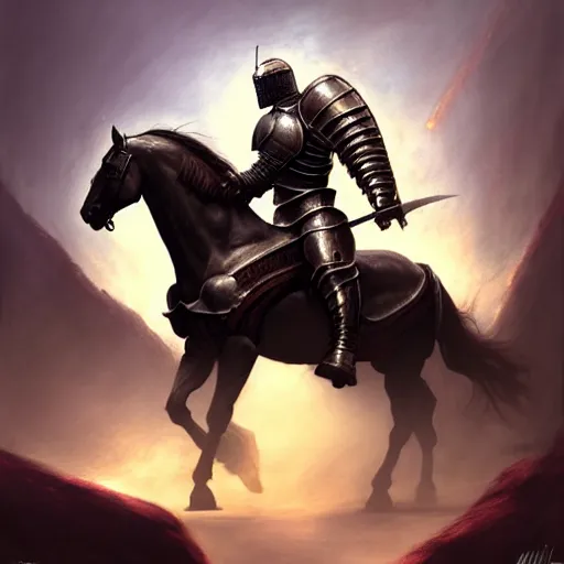 Prompt: a knight in armor on a thick strong warhorse by mike allred and frazetta and karol bak sharp digital painting. dreaming latent space. matte painting, concept art. artstation. digital render. realistic, 8 k