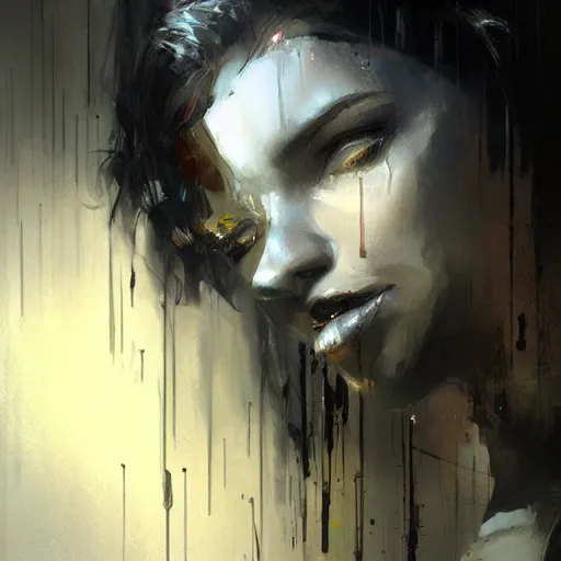 Prompt: black liquid dripping out of the nose of a young woman, trending on art station, cyberpunk, art by craig mullins