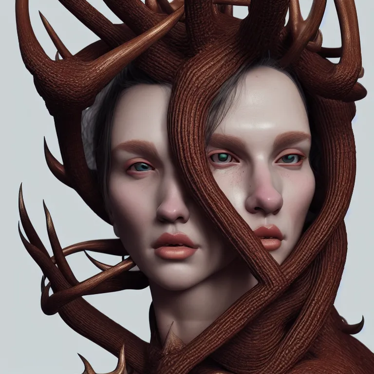 Prompt: portrait ms with ribbed body, covered with twisted ribbed crooked antlers, baroque portrait by rutkowsky and charles vess and james jean and erik jones and rhads, 3 d octane render, beautiful fine face features, intricate high details, sharp, ultradetailed, artistic photography