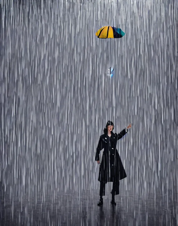 Image similar to close - up portrait of an empty slick fashionable zara raincoat floating suspended mid - air on a glittering wet rainy display designed by james terrell, wes anderson, felipe pantone, symmetry, rule of thirds