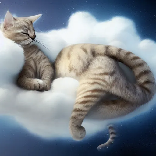 Image similar to cat sleeping on a cloud with angel wings, hyperdetailed, artstation, cgsociety, 8k