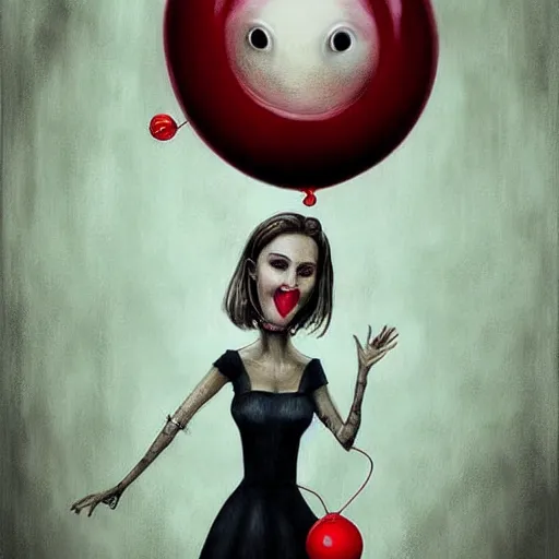 Prompt: surrealism grunge cartoon portrait sketch of natalie portman with a wide smile and a red balloon by - michael karcz, loony toons style, mad max style, horror theme, detailed, elegant, intricate