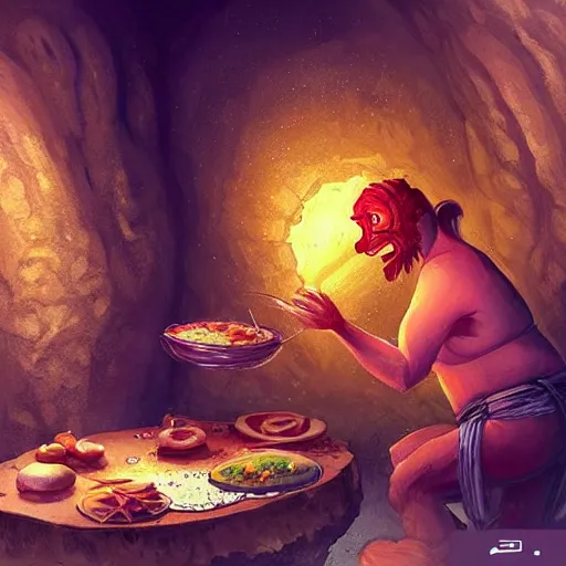 Image similar to “ a very strong and fat semi - human female with long arms and short legs, round head, big orange beard, medieval, preparing some food in a cave, fantasy digital art by tony sart, featured on artstation ”