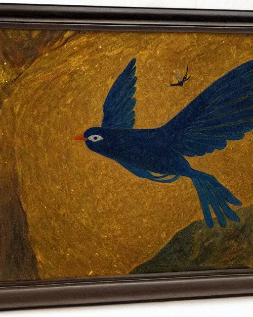 Prompt: calibri bird flies over the abyss Gustav Kilmt, symbolist, gold leaf, 1908