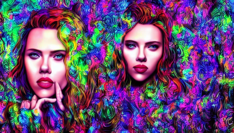 Image similar to scarlett johansson in psychodelic dmt lsd forest, photorealistic, artgerm, artwork by Arian, Mark