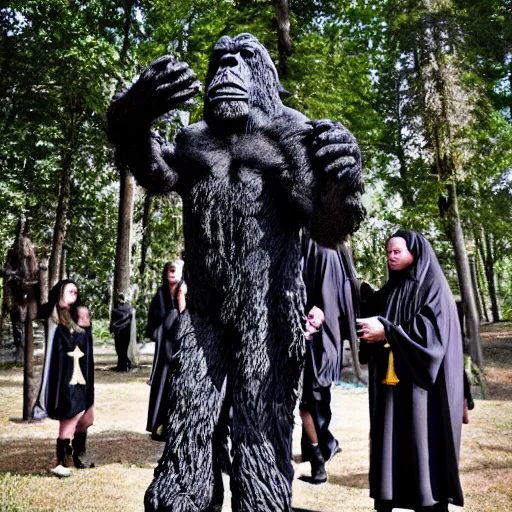 Prompt: black robed group of occultist worshipping a bigfoot statue