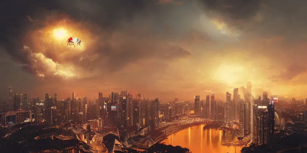 Image similar to Singapore city with a lion-shaped!!!!! cloud in the sky and fireworks in the sky, by greg rutkowski, red and white lighting, digital art, ultra realistic, ultra detailed, photorealistic, 4k, character concept
