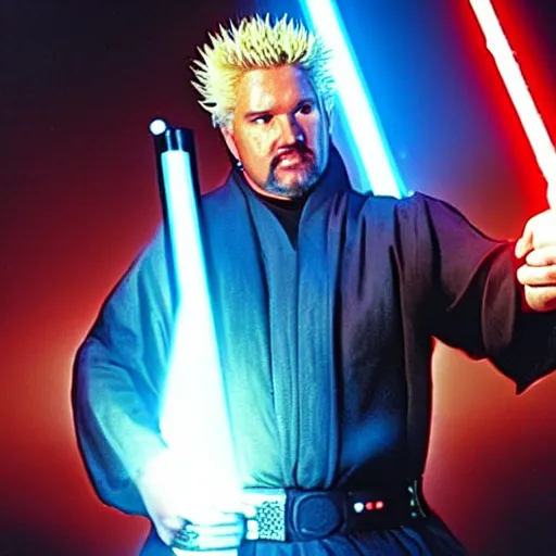 Image similar to Guy Fieri in Star Wars Revenge of the Sith, Jedi Knight, blue light saber, movie still, cinematic, cinestill 400t film, wide angle