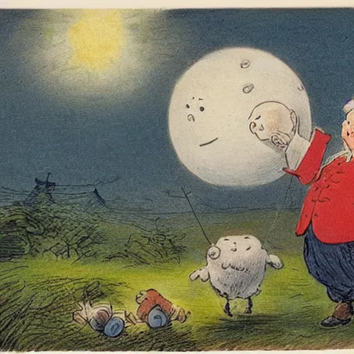 Image similar to candid portrait of white ball in the sky with man's face smiling eyes closed, surrounded by clouds, illustrated by peggy fortnum and beatrix potter and sir john tenniel