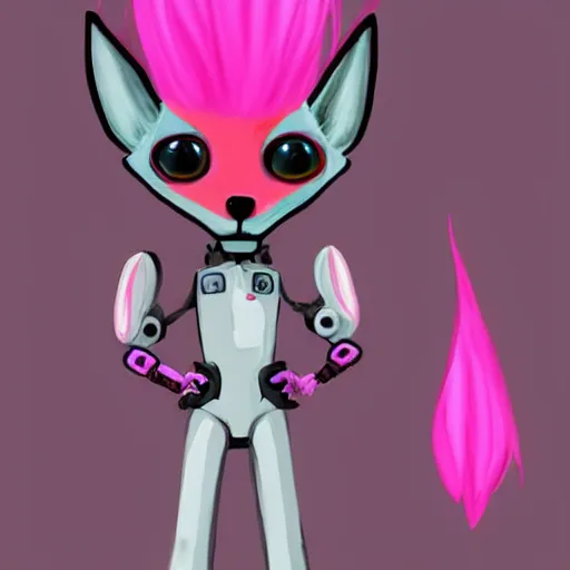 Prompt: 1 9 9 5 painting by caelan bassett on artstation, pixiv, of a pink robotic fox with pink hair, character fursona furry fandom anthropomorphic reference sheet
