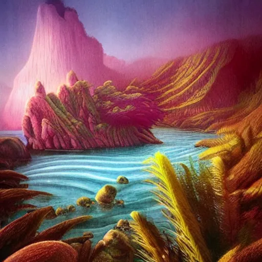Image similar to artistic digital artwork of a lush natural scene on an alien planet. beautiful landscape by lurid ( 2 0 2 2 ), michael whelan and remedios varo. weird vegetation. cliffs and water. grainy and rough. interesting pastel colour palette. beautiful light. oil and water colour based on high quality render.
