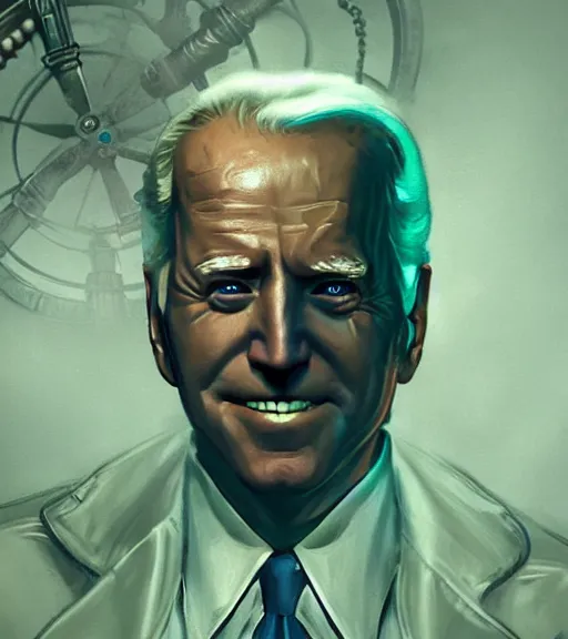 Image similar to portrait of joe biden cosplaying bioshock, by wlop, by simon stalengrad, by ilya repin, bioshock screenshot, photorealistic fan art, gta 5, detailed shading, intricate abstract, steampunk