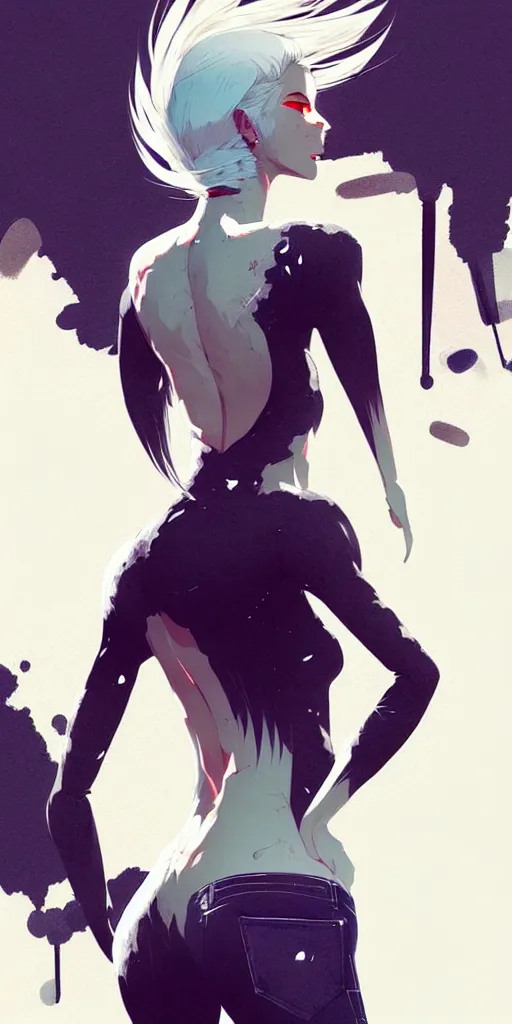 Image similar to a ultradetailed beautiful back painting of a stylish woman with white hair in a short pony tail, she is wearing jeans, by conrad roset, greg rutkowski and makoto shinkai trending on artstation