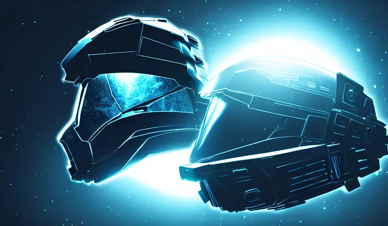 Image similar to cyberpunk halo helmet floating in space with reflections, epic, dramatic, photorealistic, award winning, 8k,