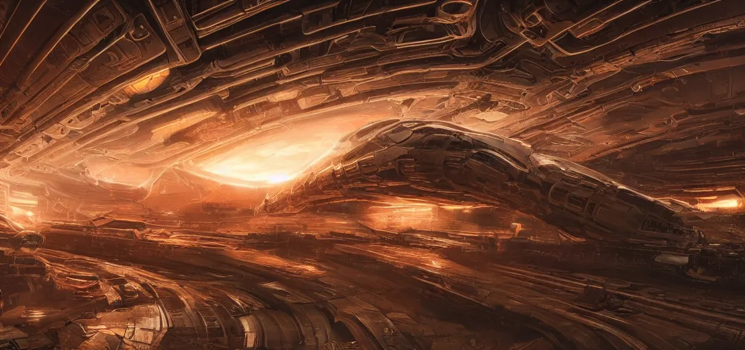 Image similar to realistic cinematic sci - fi mothership interior or exteror - machinery, tubes wires path intricate matte painting masterpiece warm tones quiet