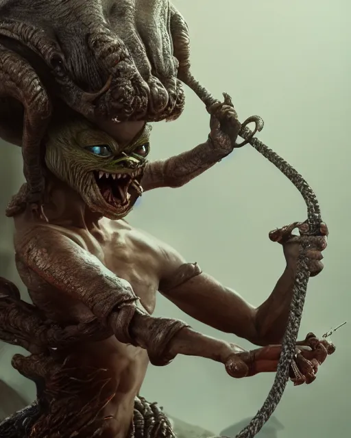 Prompt: highly detailed portrait of a movie gremlin swinging a whip, depth of field, fashion photoshoot by hyung tae, frank frazetta, bosch, giger, breathtaking, detailed and intricate environment, 8 k resolution, hyperrealistic, octane render