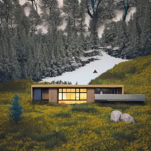 Image similar to wes anderson style modern futuristic house near the lake, snowy mountains and green forest, cinematic, realism, photo, detailed