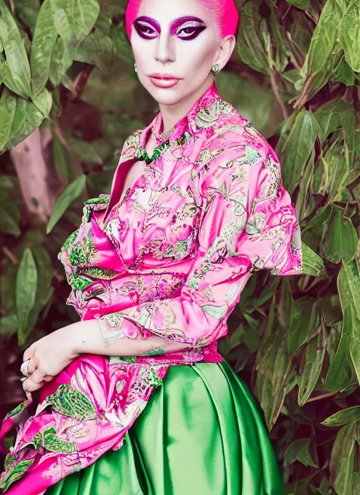 Prompt: portrait of lady gaga wearing green kebaya with pink silk belt and batik skirt, by charlotte grimm, natural light, detailed face, beautiful features, symmetrical, canon eos c 3 0 0, ƒ 1. 8, 3 5 mm, 8 k, medium - format print, half body shot