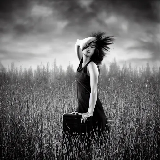 Prompt: longshot view realistic platinum photograph of a woman with heavy makeup who is wearing a floral sleeveless sundress and holding a suitcase while running through a field at night, raytracing, 8 k, hyperrealistic, insanely detailed, hdr, octane render, uhd, tintype, deckle edge, motion blur, expired black and white film, by sally mann
