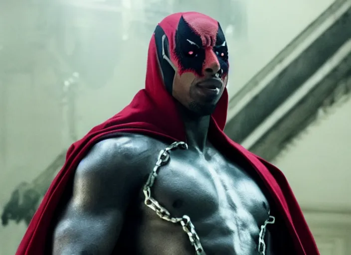 Image similar to film still of michael b jordan as spawn in the new spawn movie, giant chains, large cape, 8 k