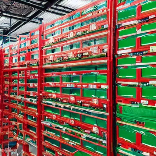 Image similar to a picture of a warehouse full of boxes with green patches on the top and red patches on the sides