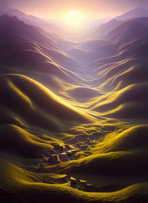 Image similar to a hyper - detailed 3 d render like a oil painting of late evening in the low - poly hills, surrealism!!!!! surreal concept art, lifelike, photorealistic, digital painting, aesthetic, smooth, sharp focus, artstation hd, by greg rutkowski, chris tulloch mccabe, valentina remenar, krenz cushart and asher duran,