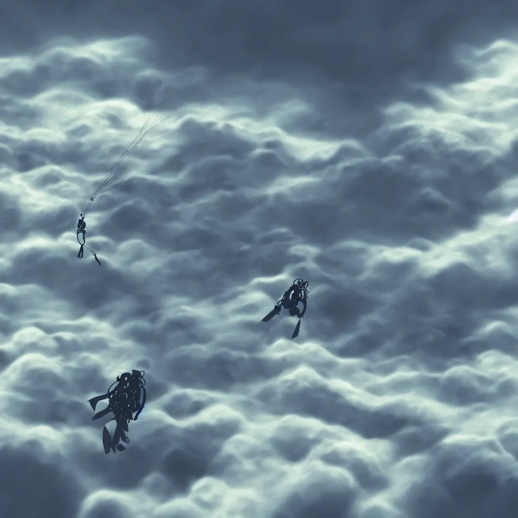 Image similar to a scubadiver floating above the clouds, closeup, digital illustration