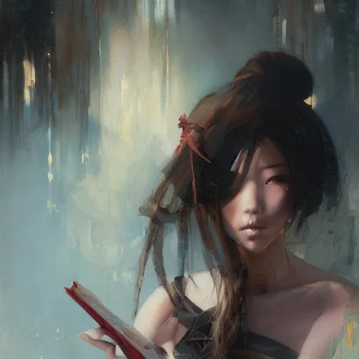 Image similar to a painting of Japanese schoolgirl by Greg Rutkowski, Peter Mohrbacher, Craig Mullins, Karol Bak, Michael Garmash.