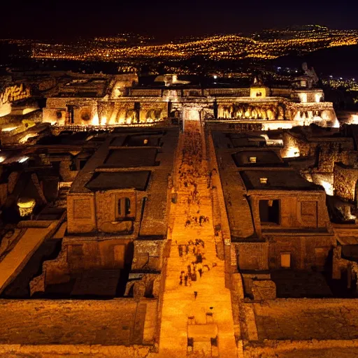 Image similar to ancient city of the aztecs, glowing torches, many buildings, at night, many people, epic wide angle, picture from 1000 years ago