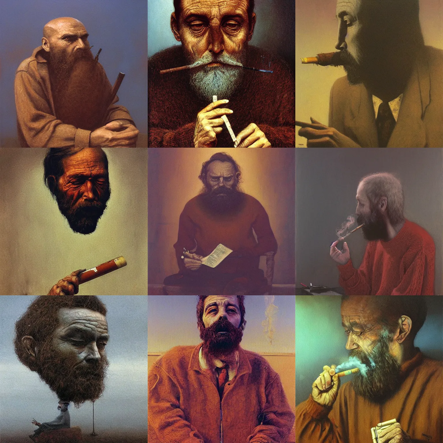 Image similar to Beksinski painting of a writer with a beard sitting, he is smoking a cigarette, he is wearing a brown sweater, dramatic lighting, highly detailed, realistic