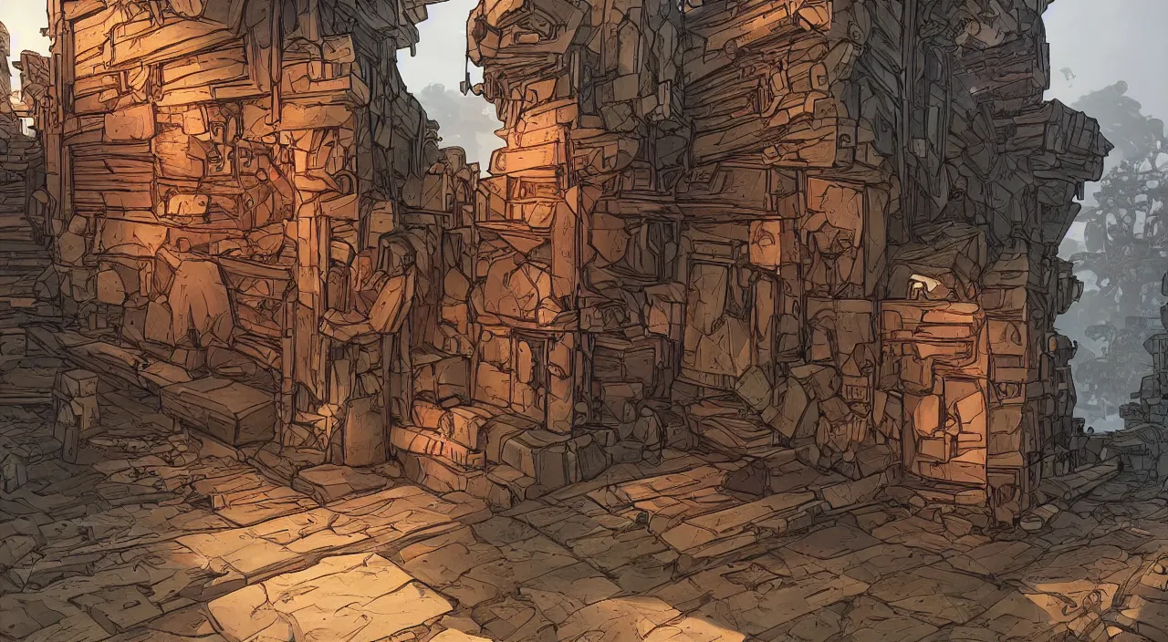 Image similar to wood wall fortress greeble block amazon jungle portal door unknow world global illumination ray tracing ambiant torch fornite that looks like it is from borderlands and by feng zhu and loish and laurie greasley, victo ngai, andreas rocha, john harris