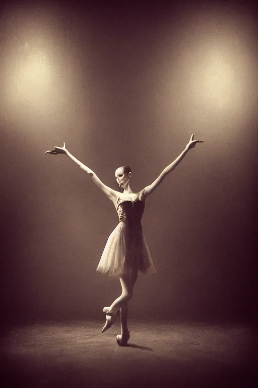 Image similar to dark ballerina, emil melmoth, concept art, deviantart, dark, 3 5 mm, chiaroscuro, surrealist, victorian, mist, dark, on an empty stage seen from below